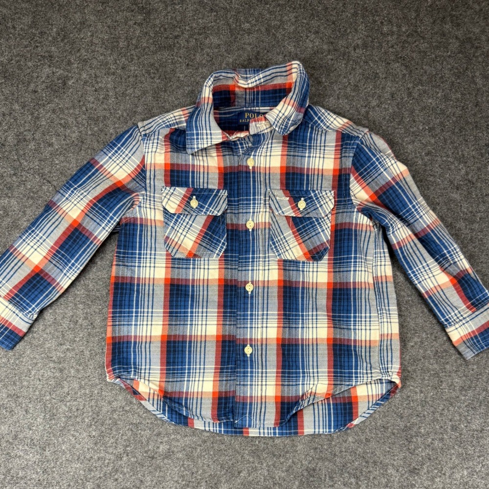 Polo Ralph Lauren Boys Plaid Button Up Long Sleeve Shirt Size 2/2T Blue Orange